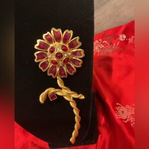 Yoscao Gold and Deep Red Flower Brooch